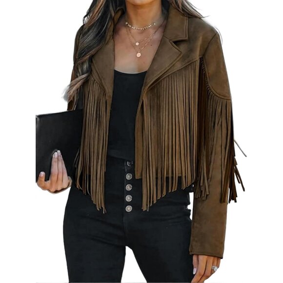 Jackets & Blazers - Women's Dark Brown Trendy Fall Western Fringe Cropped Faux Suede Leather Jackets